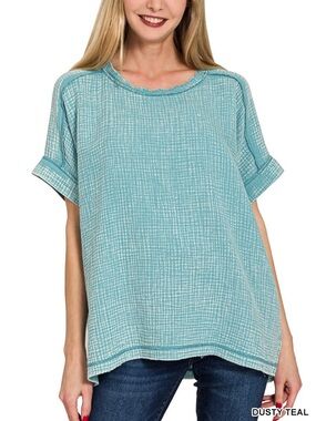 Zenana Dust Teal Woven Double Gauze Acid Washed Short Sleeve Top (NWOT)